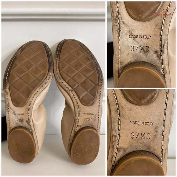 Authentic CHANEL Taupe Leather White Patent Leather Cap Toe Ballet Flats 7.5 - Picture 9 of 14